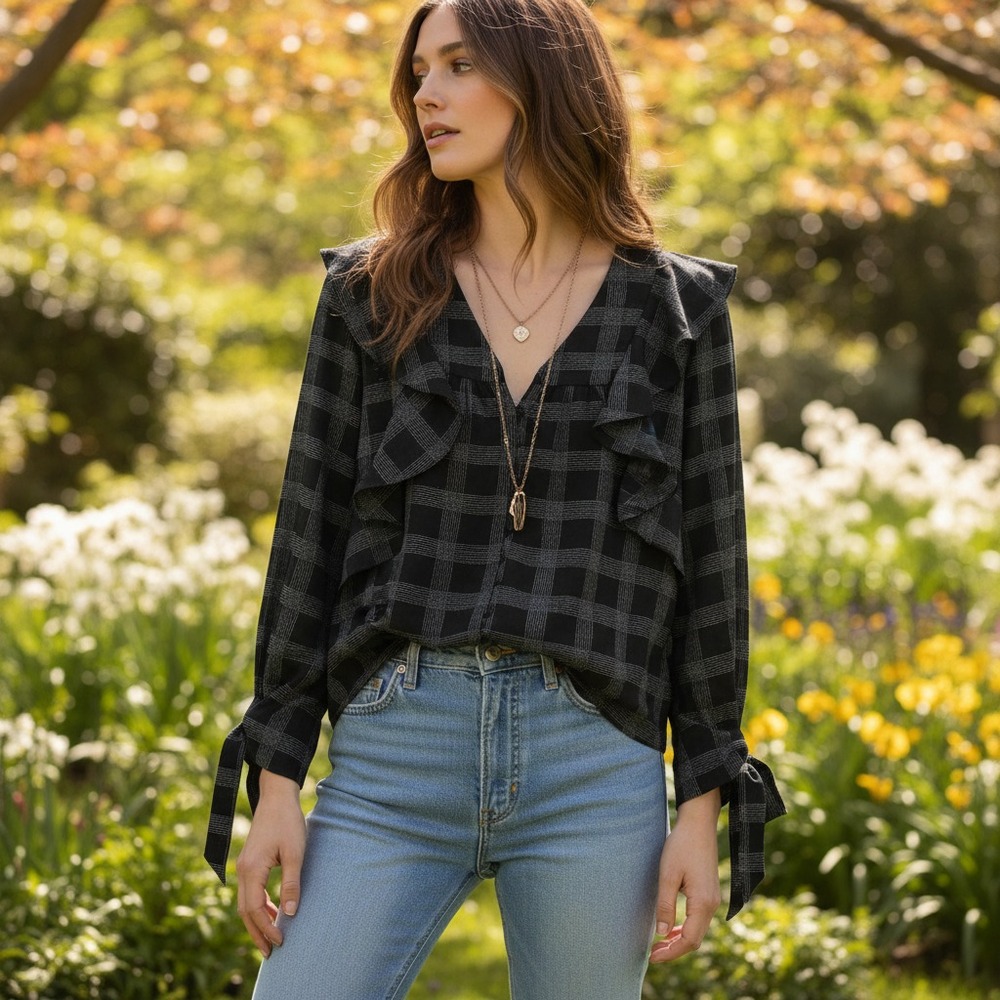 Loft XS Top Black Plaid V Neck Ruffle Coquette Boho Whimsigoth Fairy Romantic